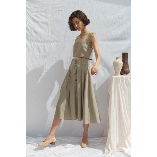 Giảm 50% Set Linen chân váy nẹp cúc gỗ