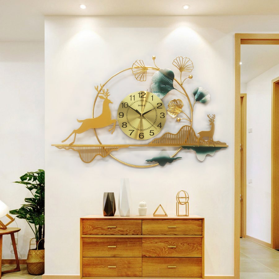 Đồng Hồ Treo Tường Trang Trí Decor DH11 quartz kim trôi hoa mai vàng nội thất cỡ lớn nghệ thuật phòng khách sang trọng