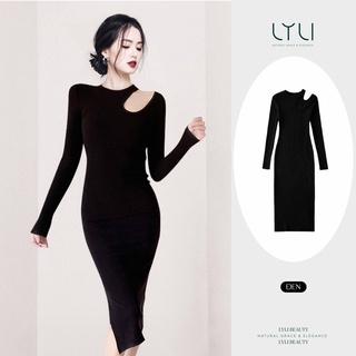 Đầm body ôm dáng dài nữ màu đen Lylibeauty váy body kiểu Hàn Quốc phần chân váy xẻ tà và điểm nhấn phần khoét vai TL4