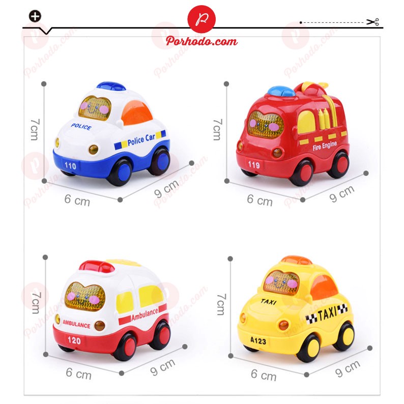 Bộ đồ chơi ô tô quán tính có đèn và nhạc mô tả xe cứu hỏa, cứu thương, cảnh sát, taxi đẹp và dễ thương KB216105