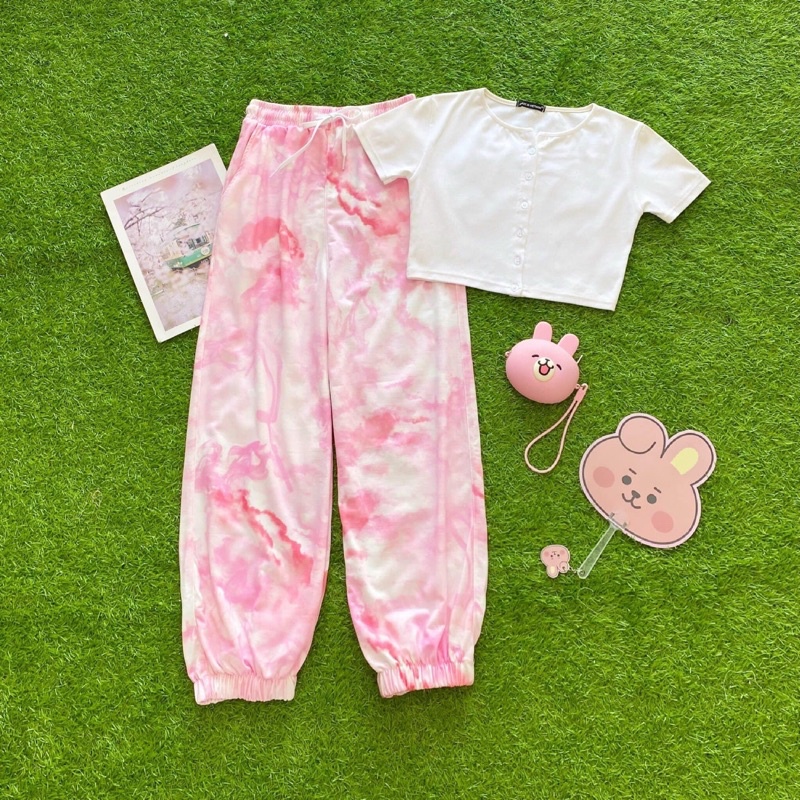 Set Bộ Thể Thao Loang Màu Áo Nút Tay Ngắn Quần Dài Ảnh Thật