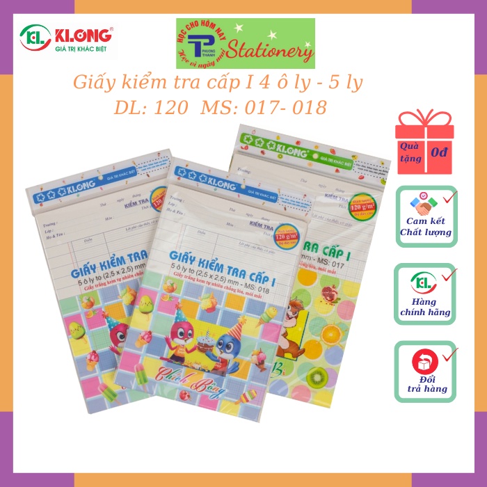Giấy kiểm tra Klong cấp I - 4 ô ly to, 5 ô ly to  mm; MS: 011, 013