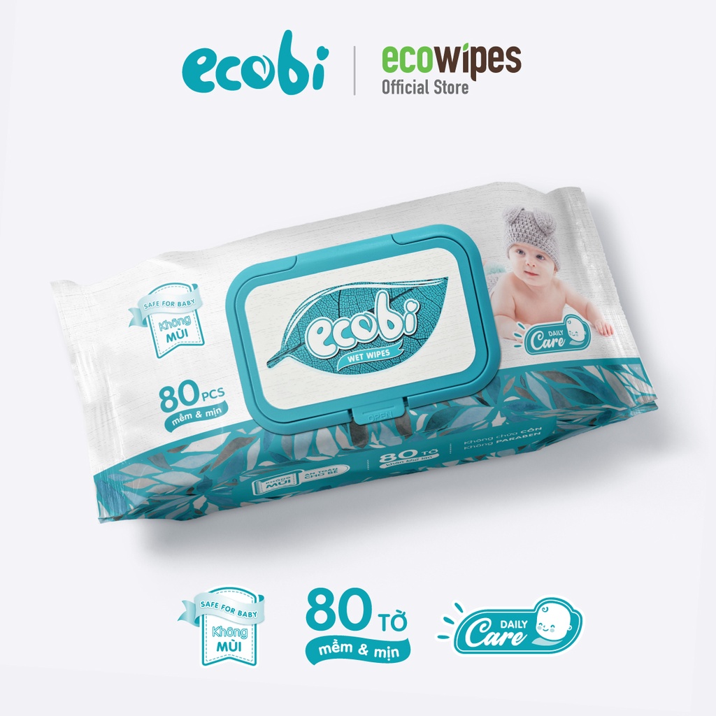 KHĂN ƯỚT EM BÉ ECOBI 80 tờ - Không mùi