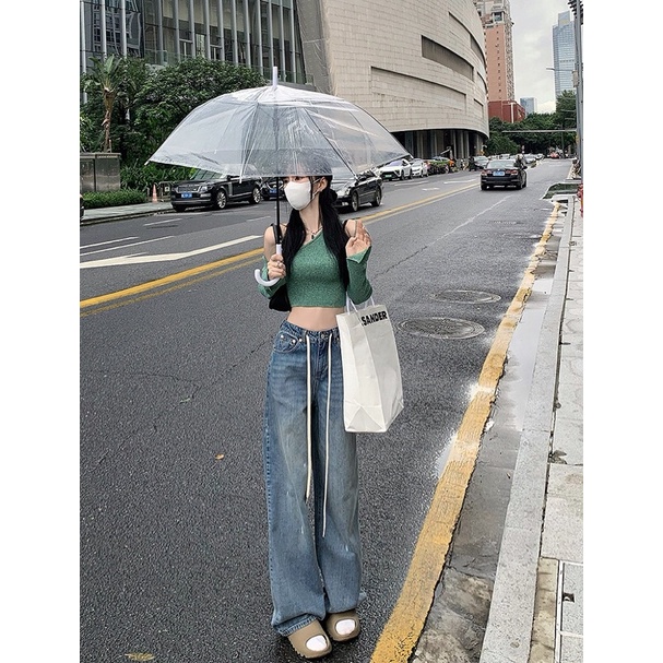 Quần Jennie Jeans Ống Suông Rộng Chun Ẩn Xanh Retro Tôn Dáng