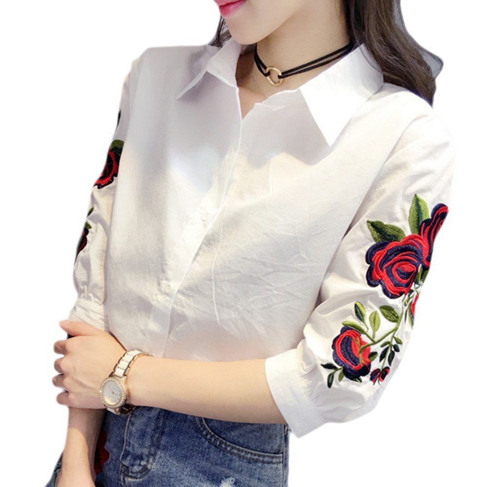 Áo Sơ Mi Thêu Họa Tiết bông hồng Xinh Xắn chất vải lụa mềm mại thoáng mát 💖 KELLY BOUTIQUE💖