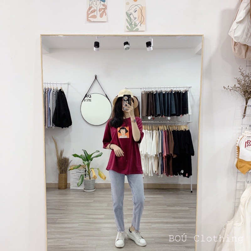 Áo thun ô màu cam + Jean dài cho Nữ