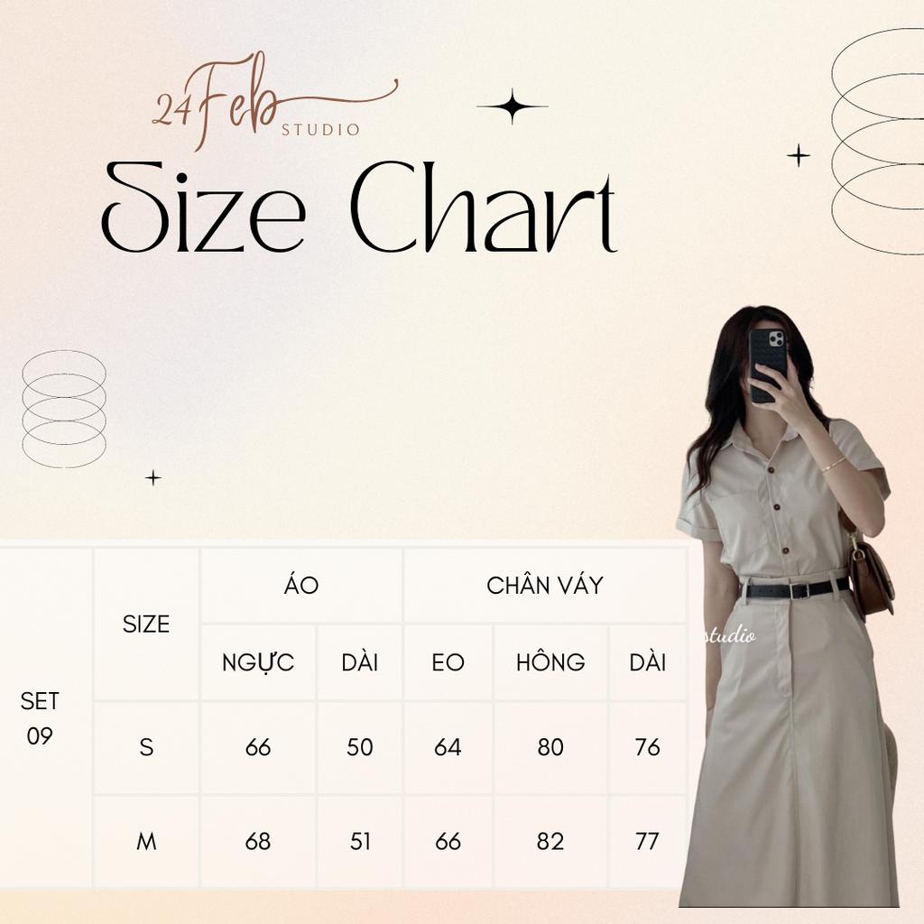 Set áo sơ mi kèm chân váy dài ton sur ton phong cách vintage Hàn Quốc