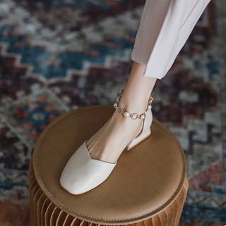 Giày sandal gót cao vừa dày quai đính hạt ngọc trai nhân tạo mẫu 2021 thời trang mùa hè mới dành cho nữ