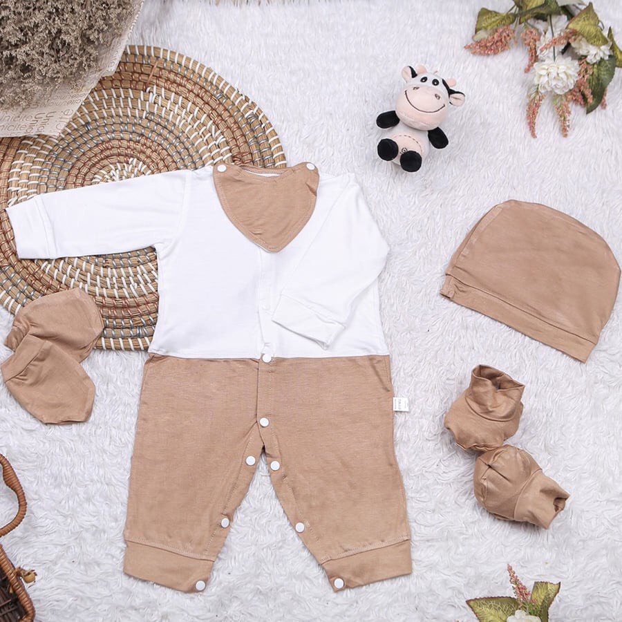 Bodysuit Cho Bé Body Liền Thân Dài Tay Cho Bé 5 Chi Tiết Kèm Mũ, Yếm, Set Bao Tay Chân