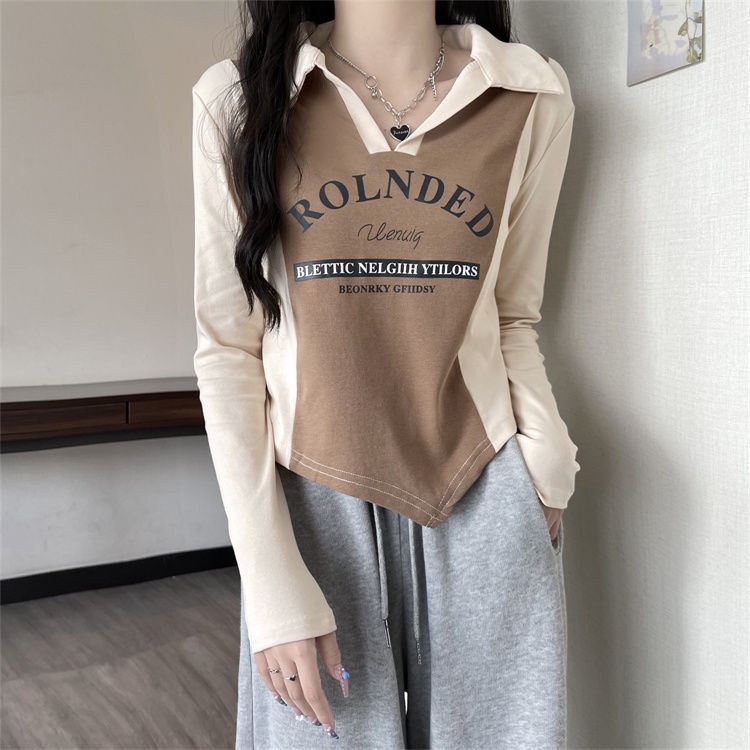 Jiashucheng Áo Thun polo Tay Dài Hở Vai Ôm Dáng Màu Sắc Tương Phản Thời Trang Thu Đông Cá Tính Cho Nữ Ir