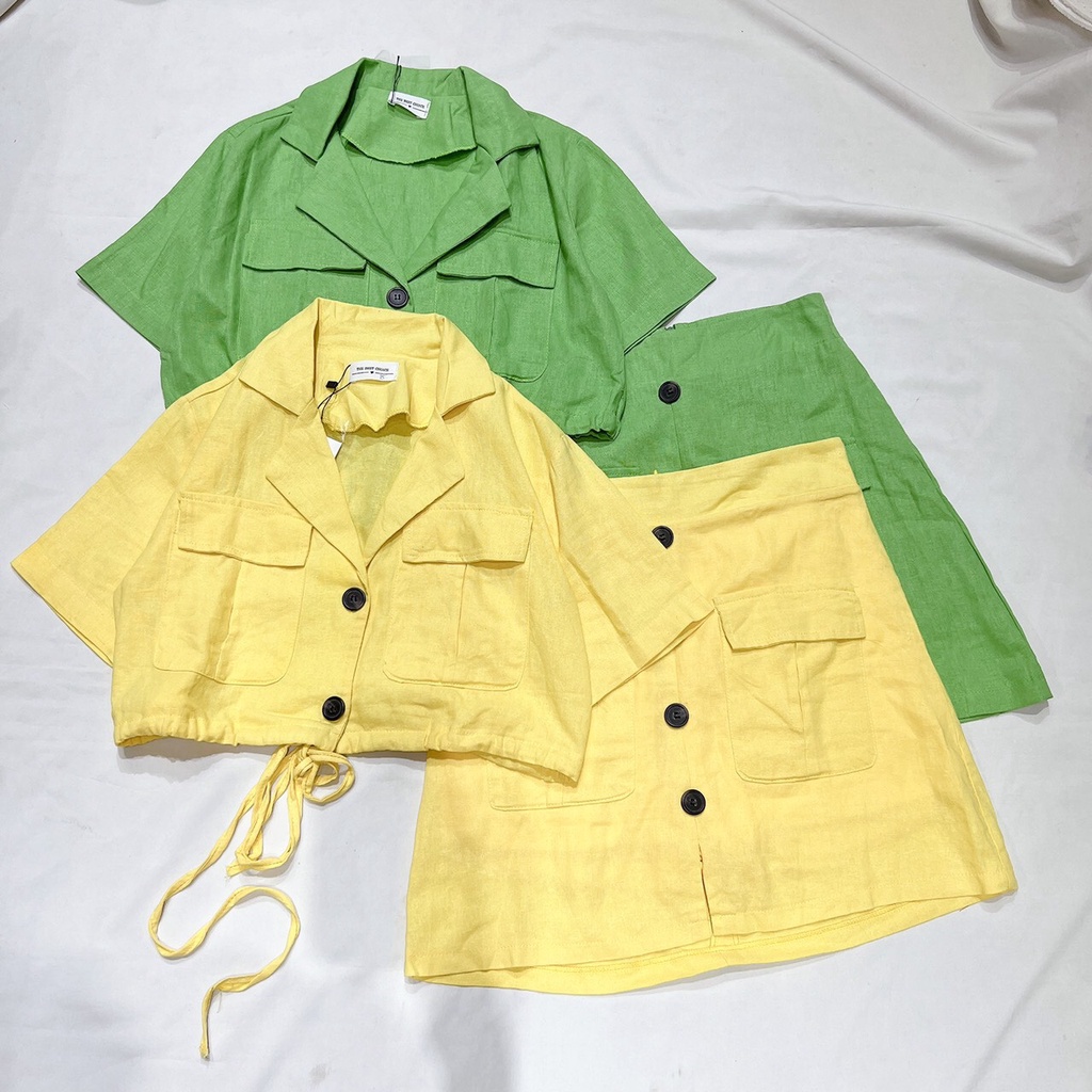 LOVI SHOP- Set áo sơ mi croptop cổ vest cột dây chân váy chữ A chất linen thô phong cách Hàn Quốc 6 màu