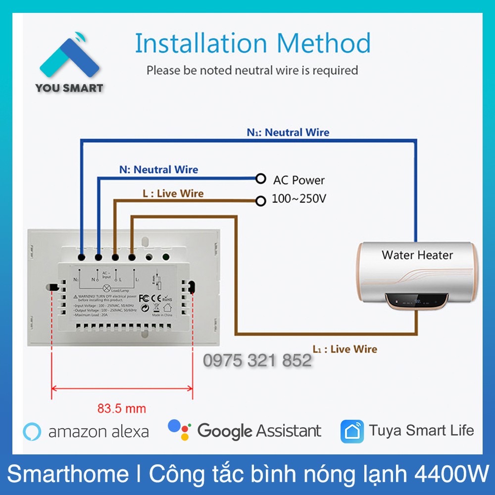 Công tắc 20A bình nóng lạnh Tuya công suất cao 4400W