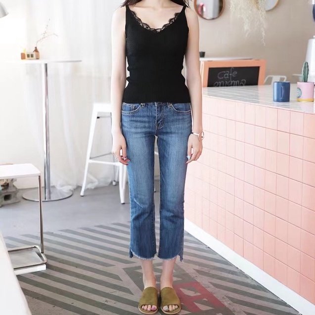 【ZHELIHANGFEI】 / Áo Hai Dây Dệt Kim Cổ Chữ V Màu Trơn Dáng Ôm Dễ Phối Đồ Cho Nữ