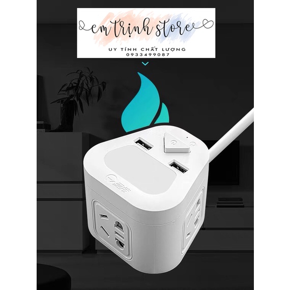 Ổ cắm điện đa năng RUBIK kết hợp cảm ứng ánh sáng, 2 cổng USB, 3 ổ cắm điện, dây điện 2,8m