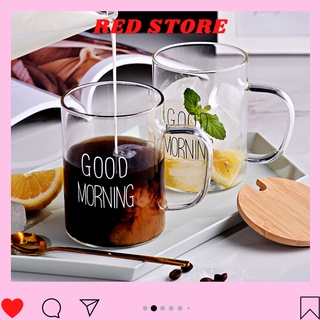 Ly thủy tinh cute chịu nhiệt good morning 400ml, cốc thủy tinh uống nước có quai || red store