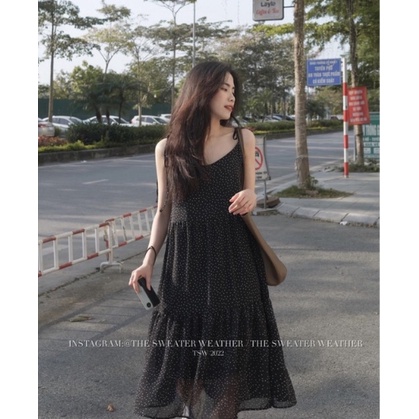 Váy nữ 2 dây dáng dài V.106, Váy babydoll chấm bi xòe tầng thắt dây nơ bánh bèo - Thời trang nữ Chấm Bi