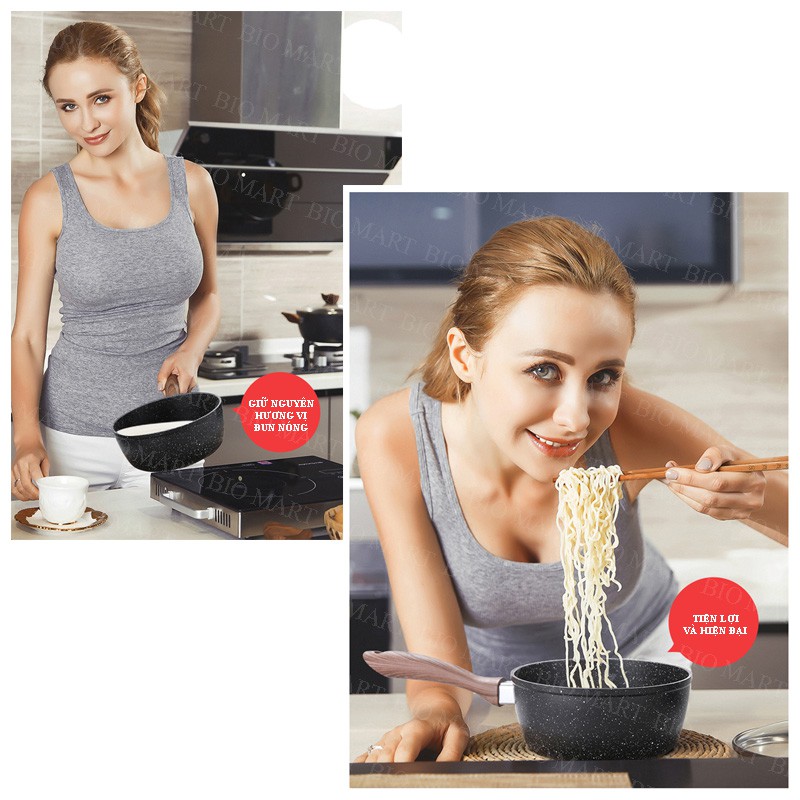 NỒI CHỐNG DÍNH - NỒI QUÁNH VÂN ĐÁ ĐÁY TỪ CHỐNG DÍNH - Có nắp đậy kính cường lực - Tiện lợi cho chiên, xào, kho thức ăn