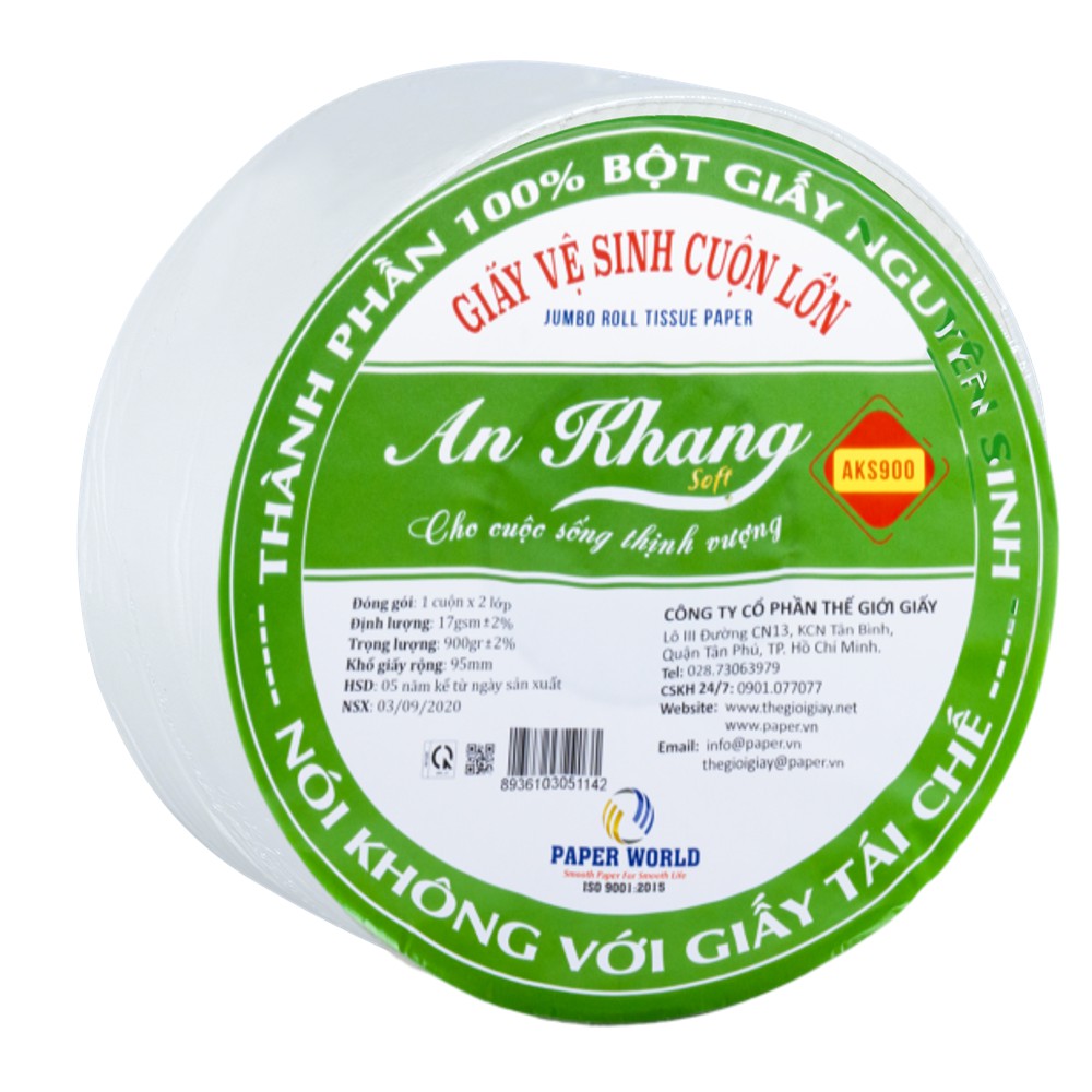 [10AKS900] Giấy vệ sinh cuộn lớn AN KHANG AKS900 | Thế Giới Giấy, 100% bột giấy nguyên sinh, 10 cuộn hai lớp 900gr