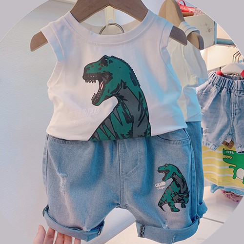 Bộ đồ hè cho bé 💖 Bộ áo thun + quần short jeans hình khủng long cho bé trai