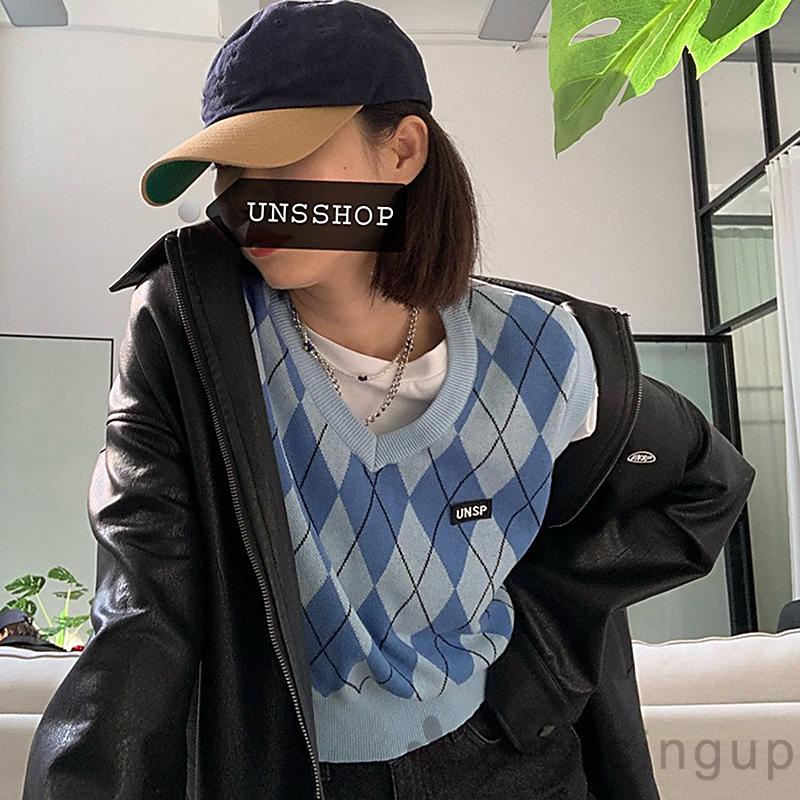 Áo dệt kim sát nách cổ chữ V thoáng khí in họa tiết hình thoi cổ điển cho nữ