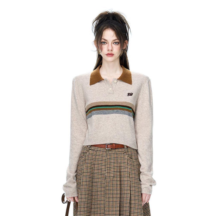 Nimo WANG Áo Sweater Chui Đầu Cổ Polo Tay Dài Kẻ Sọc Màu Tương Phản Kiểu Retro Mỹ Thời Trang Mùa Thu Cho Sinh Viên