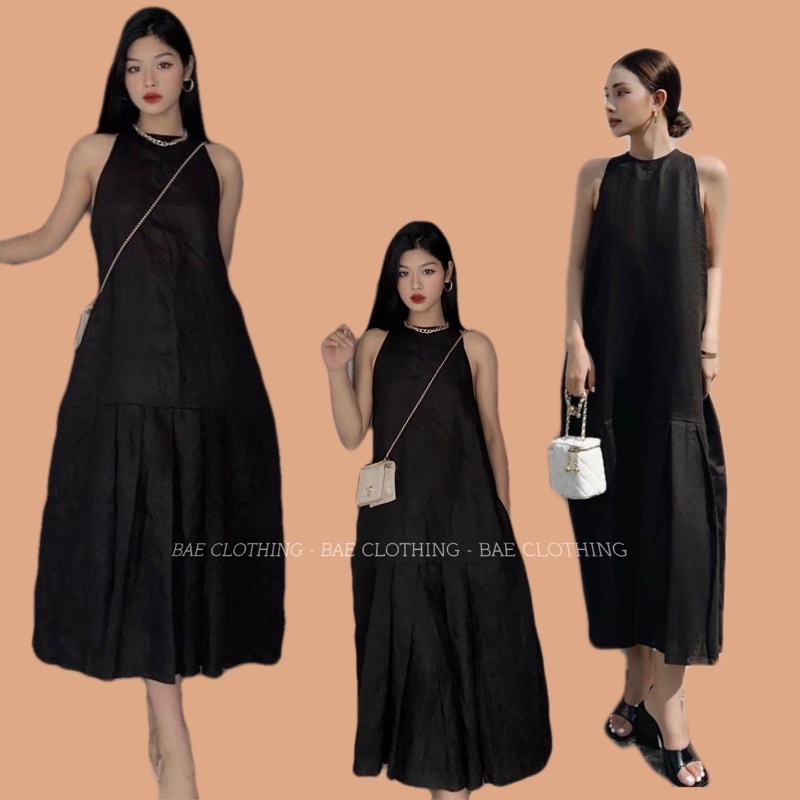 Đầm đen dài LONG GOMA DRESS form suông rộng thiết kế xếp li phần chân váy classic với tone màu cơ bản