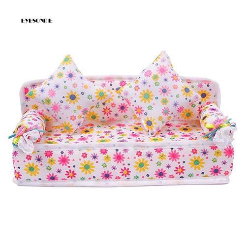 Set Băng Ghế Sofa + 2 Gối Tựa Lưng Họa Tiết Hoa Dễ Thương Cho Nhà Búp Bê