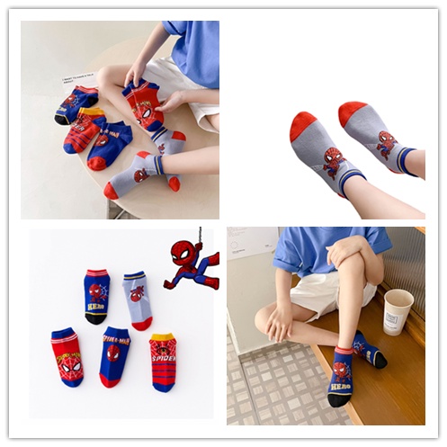 Set 5 Đôi Vớ Cotton Thoáng Khí In Hình Người Nhện Dễ Thương Cho Bé Trai