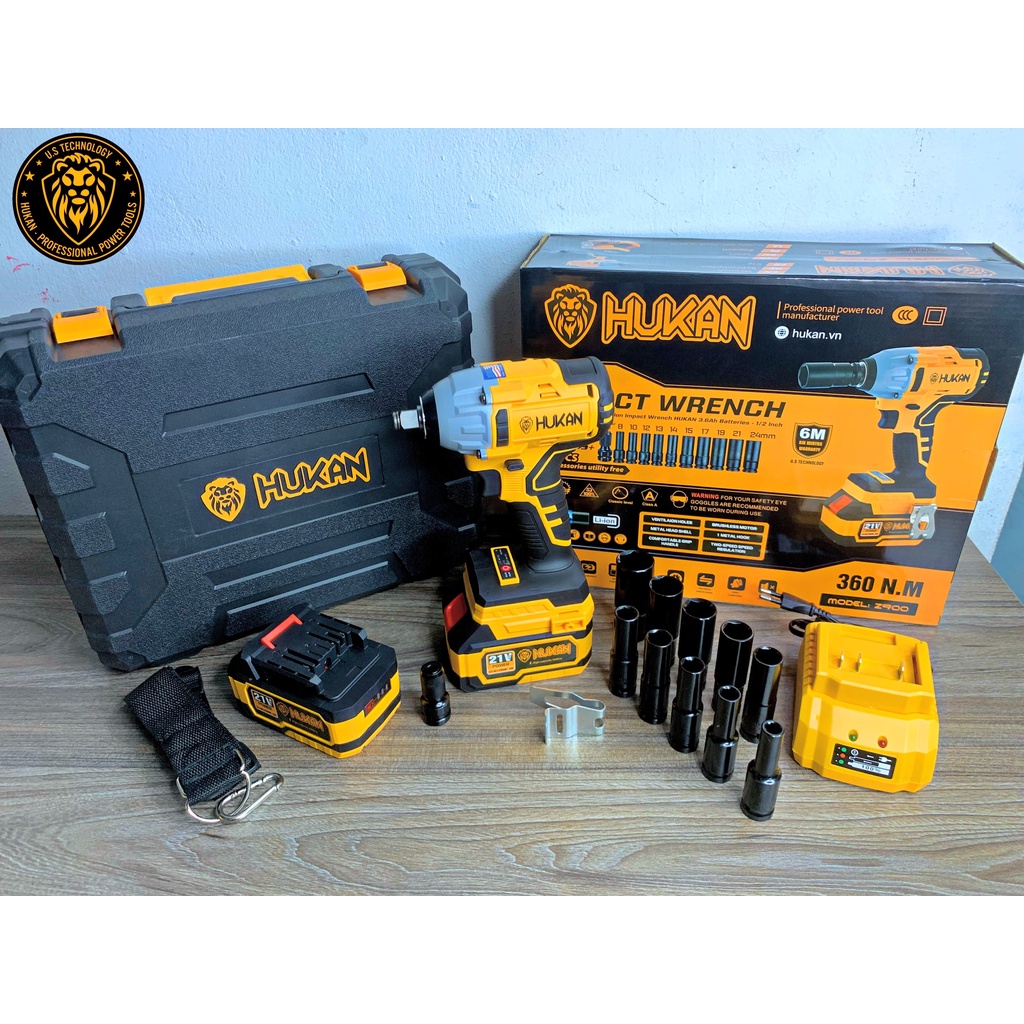 Máy siết Bulong HUKAN HK-Z900 tặng kèm 10 đầu khẩu 1 đầu chuyển vít lực siết 360N.m