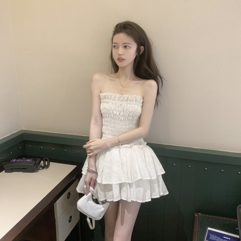 Đầm Chữ A Dáng Ngắn Xếp Tầng Thời Trang Quyến Rũ Rỗng thêu kỳ nghỉ gió đầm bãi biển Thêu rỗng vai đầm