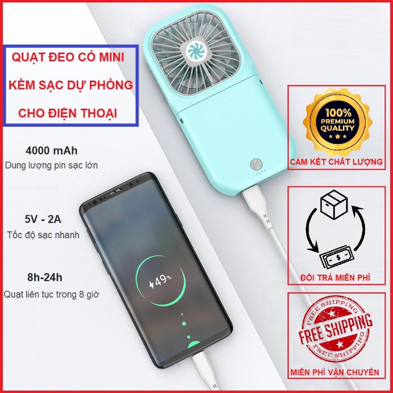 Quạt mini cầm tay đeo cổ kèm sạc dự phòng 3000mah tích điện để bàn cute cao cấp ✅