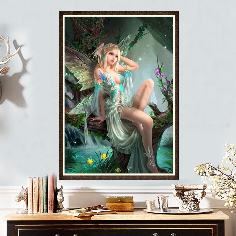 Bộ tranh đính đá hình cô gái yêu tinh 30x40cm để trang trí nhà