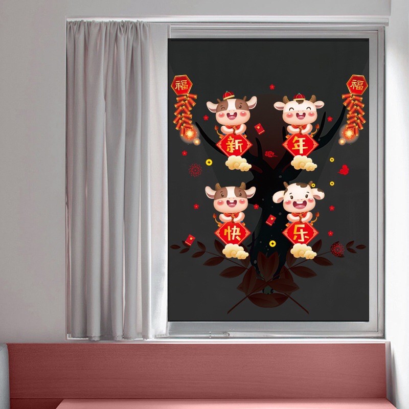 Decal trang trí Tết - 4 Trâu sữa cầm bảng hỷ chúc Xuân