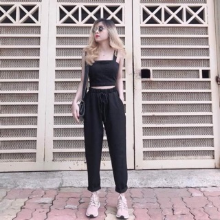 Set áo croptop cúc 2 dây kèm quần basic pant baggy mix siêu xinh kèm ảnh thật
