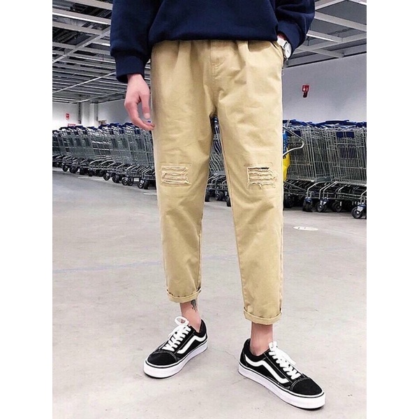 Quần dài Kaki Nam Nữ Ống Suông Rách gối Unisex Ulzzang - 84unisex