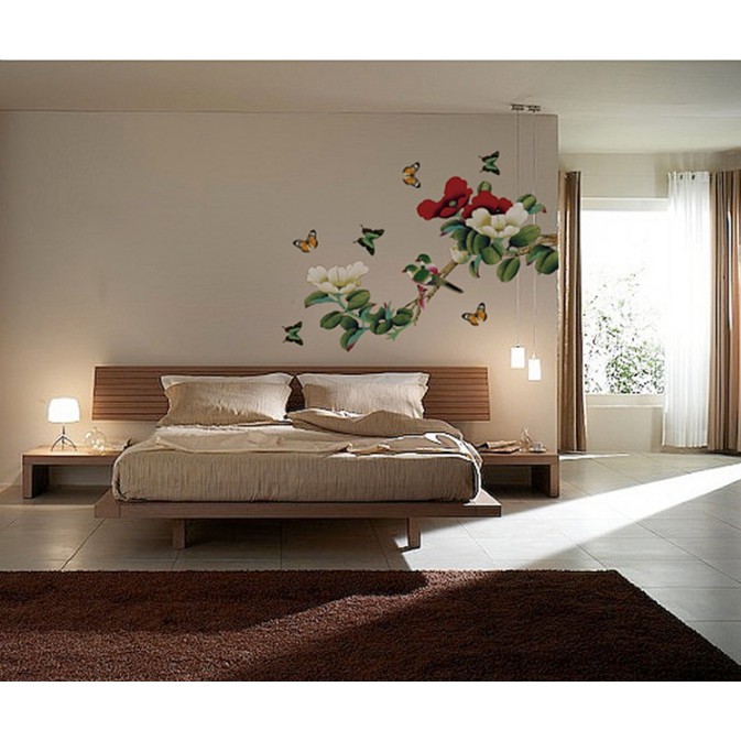 Decal trang trí tường Hoa Mẫu đơn trắng đỏ 3D