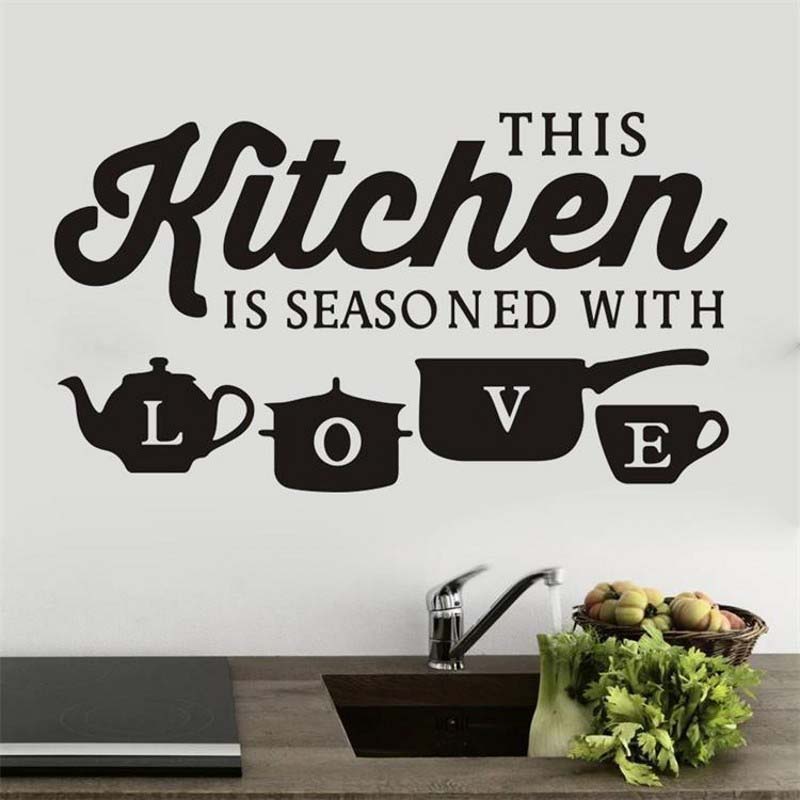 Miếng dán tường trang trí in chữ &quot;Seasoned with Love&quot; chống thấm nước có thể tháo gỡ cho nhà bếp