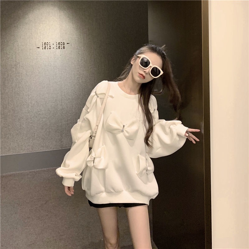 Áo sweatshirt cổ tròn dáng rộng trang trí nơ màu trắng thời trang thu đông Hàn Quốc 2021 cho nữ | BigBuy360 - bigbuy360.vn