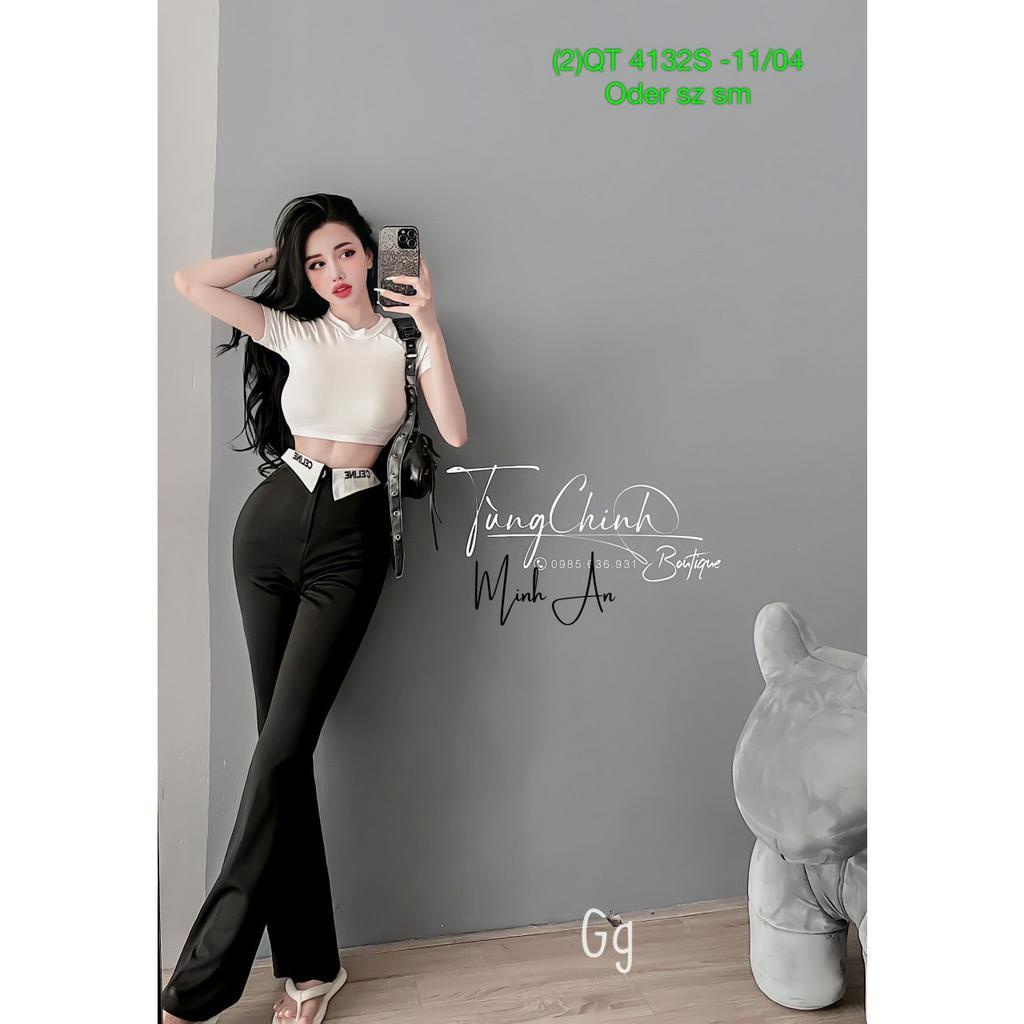 Set nữ áo thun croptop tay ngắn mix quần ống loe chất tuyết mưa dáng dài kiểu gấp lai in chữ xinh hot