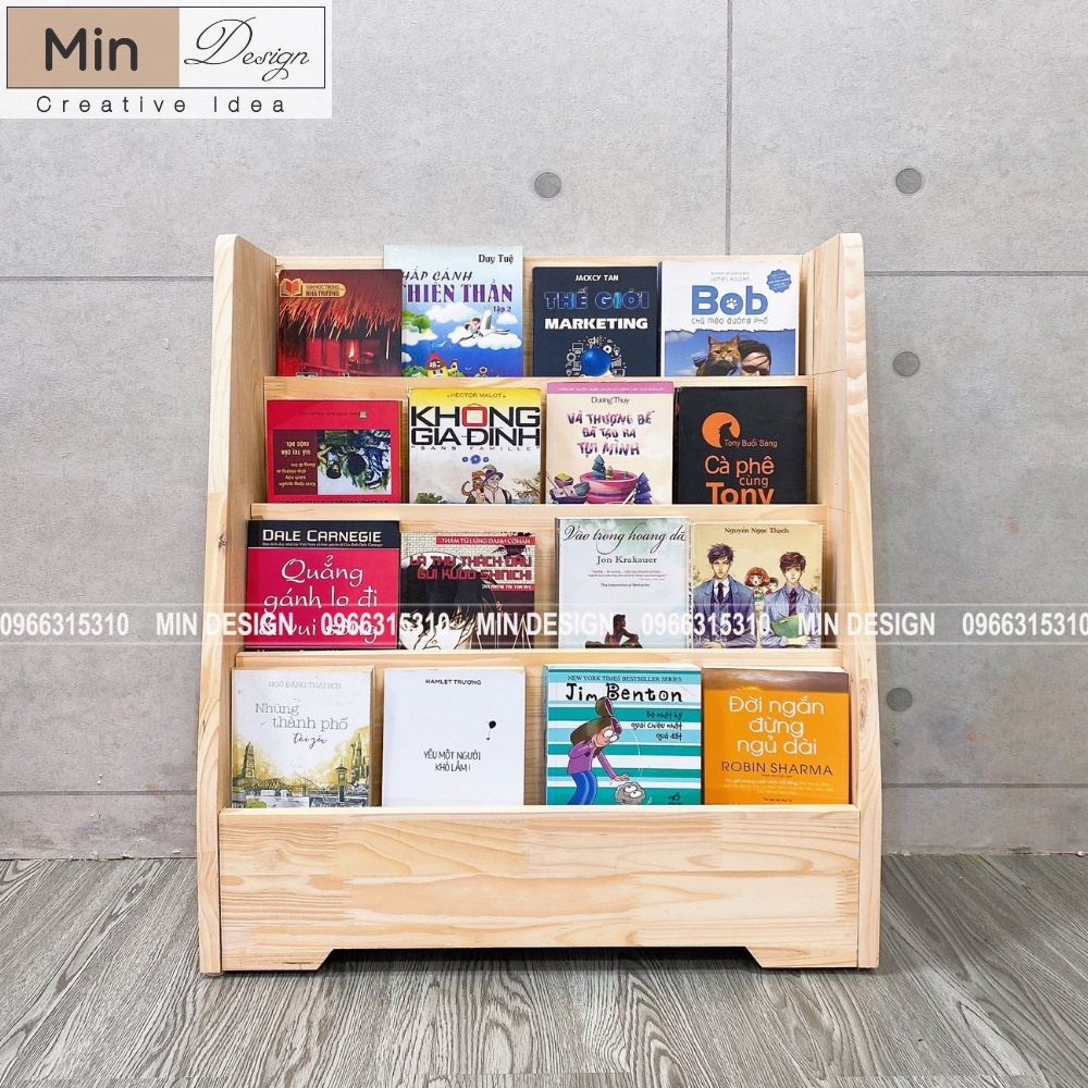 Kệ giá sách cho bé, kệ đựng sách 4 tầng đa năng MIN DESIGN,Gỗ Thông tự nhiên nhập khẩu cao cấp,an toàn cho bé khi dùng!