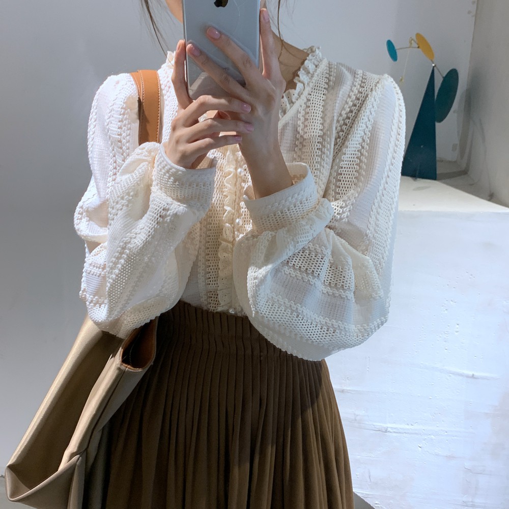 Mẫu áo sơ mi ren màu tinh tế jacquard thiết kế nhiều nút phù hợp tất cả các chị em - Hàng order