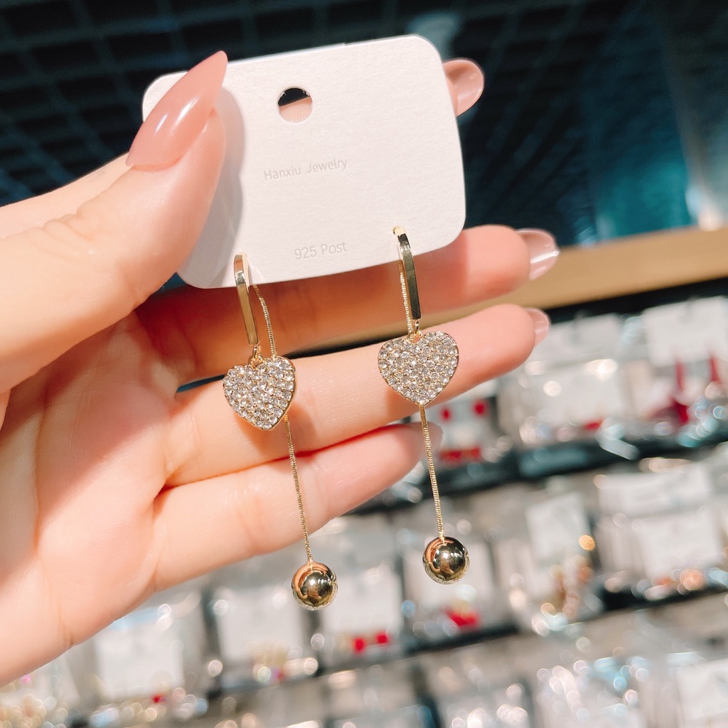 Bông Tai Mạ Bạc 925 Dát Kim Cương Hình Trái Tim Phối Tua Rua Lưng Ngọt Ngào Thời Trang 2022 Cho Nữ