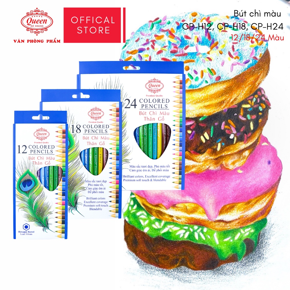 Bút chì màu Queen  - 12/18/24 Màu - CP-H12/CP-H18/CP-H24 - Chính Hãng