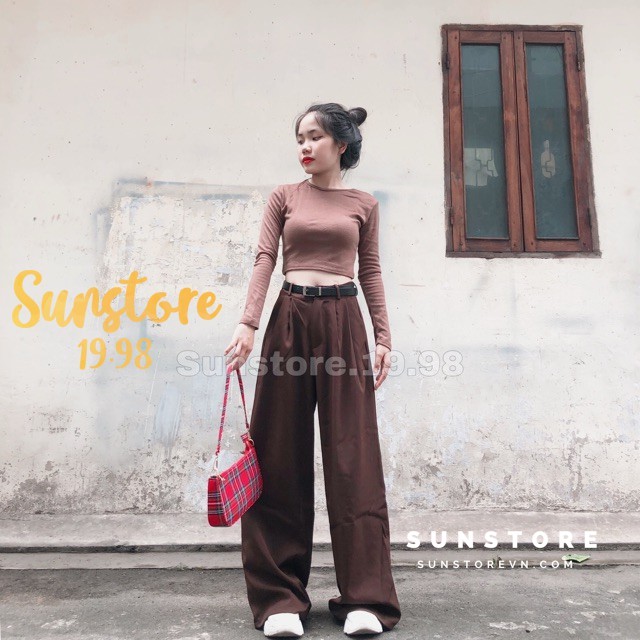 Quần ống rộng suông cài nút và áo croptop form ôm màu nâu ulzzang | BigBuy360 - bigbuy360.vn