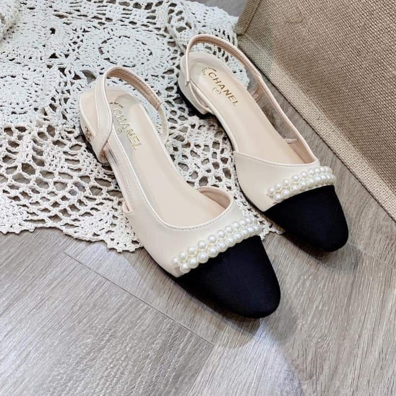 [HOT] SANDAL nữ đế bệt phối màu kem và đen đính ngọc tiểu thư sang chảnh_MT 0015