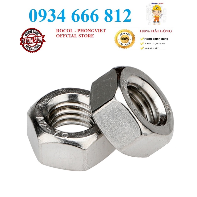Set 10 cái M3-M12 Đai ốc lục giác INOX 304 M3-M12