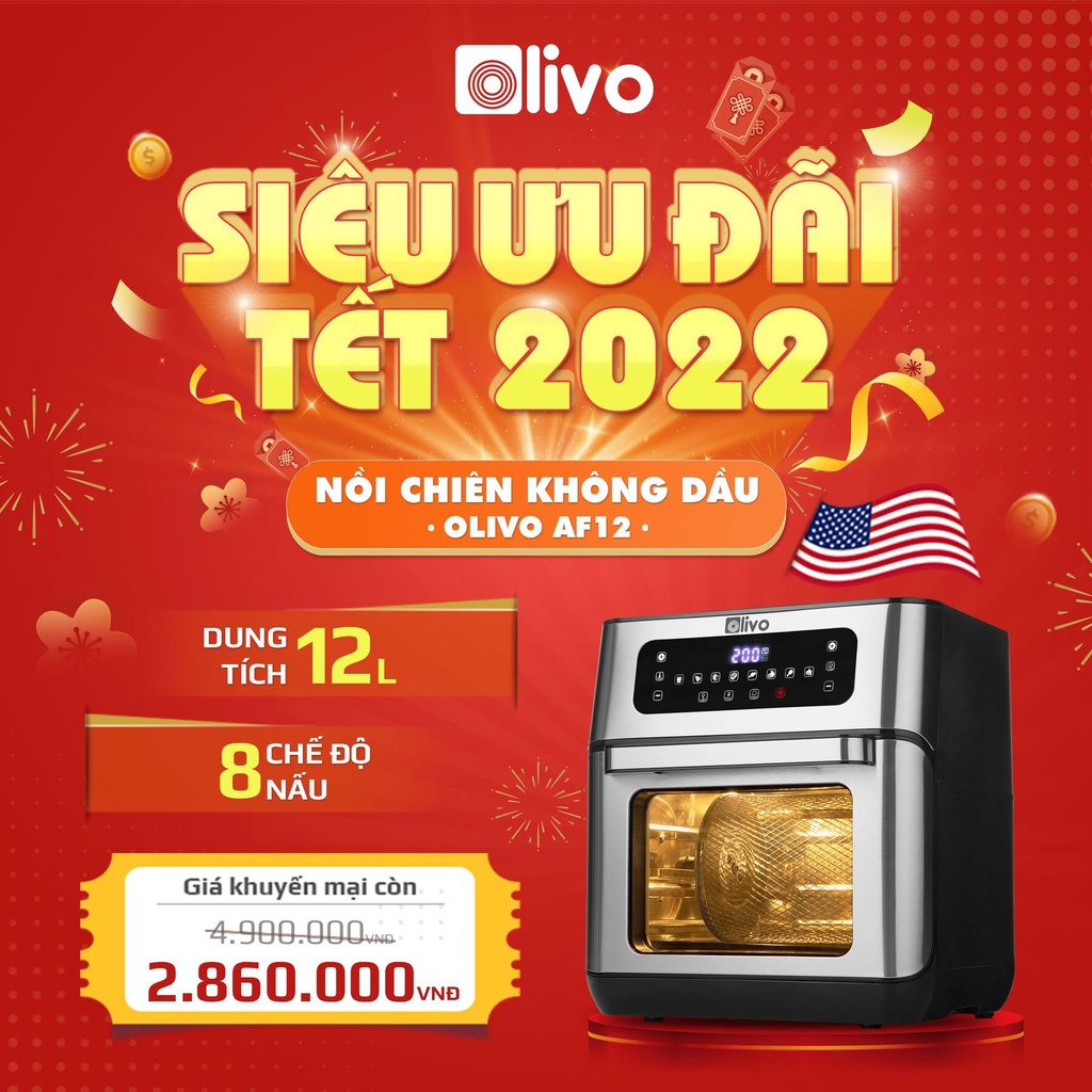 Nồi Chiên Không Dầu OLIVO AF12 👉CHÍNH HÃNG - BH 24 THÁNG👈 Dung Tích 12L - Công Suất 1800W - Thương Hiệu Mỹ