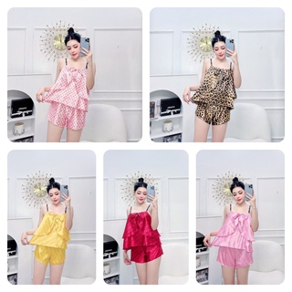 Đồ bộ ngắn phi bóng hai tầng phối nơ mềm mịn, freesize dưới 57kg nguyên khánh store