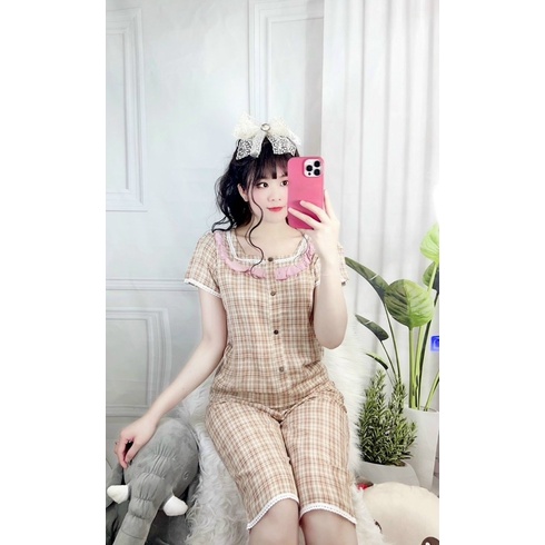 Đồ bộ lửng ngố mặc nhà mẫu kẻ chất đũi hàn mát đồ ngủ xinh