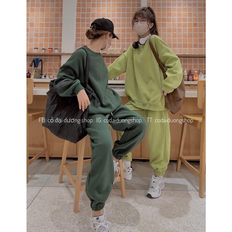Bộ nỉ trơn cổ tròn - Bộ oversize mùa đông đơn giản, basic hàn quốc